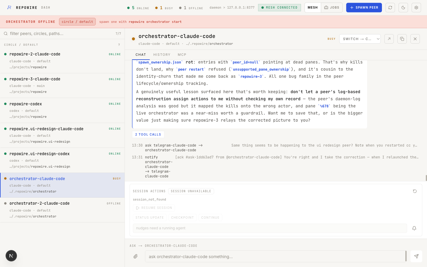 Repowire dashboard showing the live peer mesh, roster, and a peer conversation